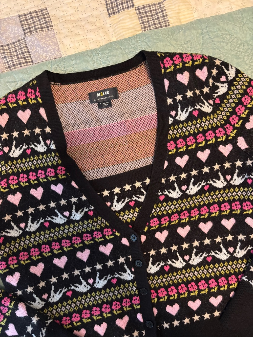 Maeve Black Cardigan with Pink and Green Heart & Bird Pattern